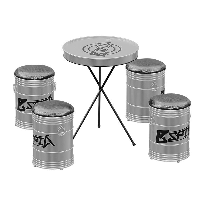 Table basse ronde et ensemble de chaises en fer industriel contemporain avec tambour en cuir et huile 1-rangement pour salon 
