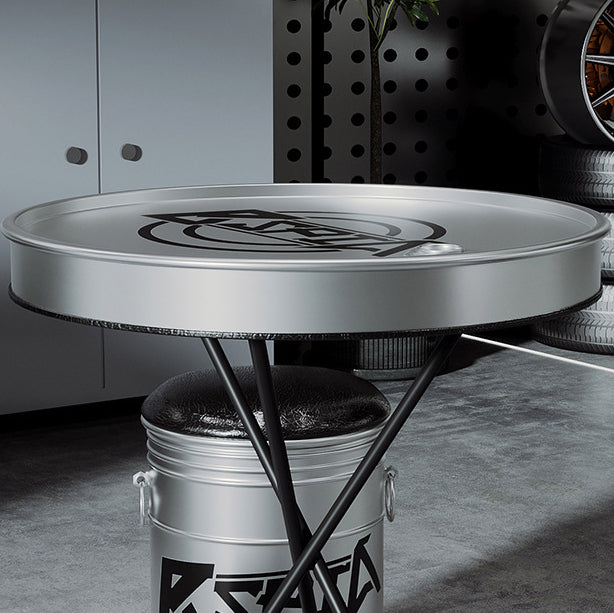 Table basse ronde et ensemble de chaises en fer industriel contemporain avec tambour en cuir et huile 1-rangement pour salon 
