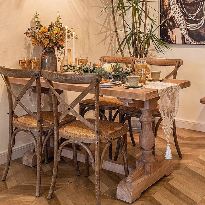 Traditional Vintage Pine Wood Beech Wood Rectangular Column Dining Table & Chair Set For 4/6 Seats