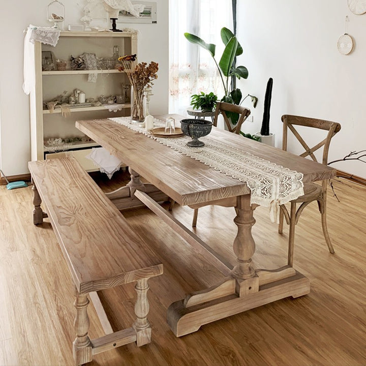 Traditional Vintage Pine Wood Beech Wood Rectangular Column Dining Table & Chair Set For 4/6 Seats