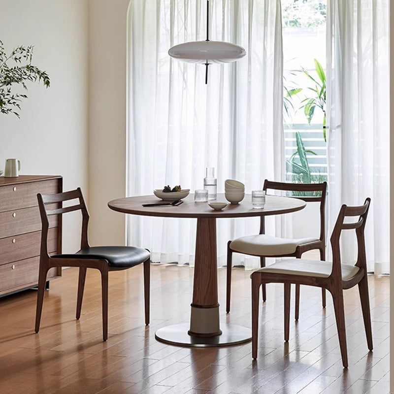 Ensemble de table à manger et chaises contemporaines rondes en noyer, cuir de selle et acier inoxydable pour 2/4/6/8 places 
