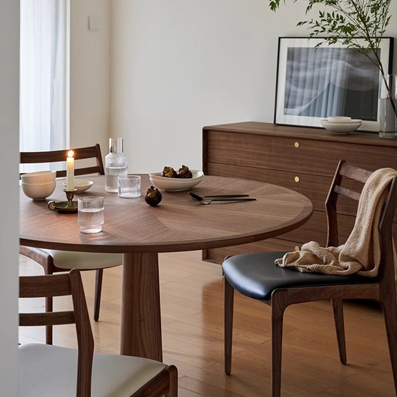 Ensemble de table à manger et chaises contemporaines rondes en noyer, cuir de selle et acier inoxydable pour 2/4/6/8 places 