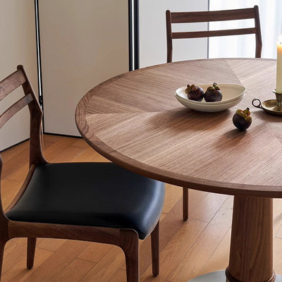 Juego de mesa y sillas de comedor contemporáneo retro redondo de nogal con cuero de silla de montar y acero inoxidable para 2/4/6/8 asientos 