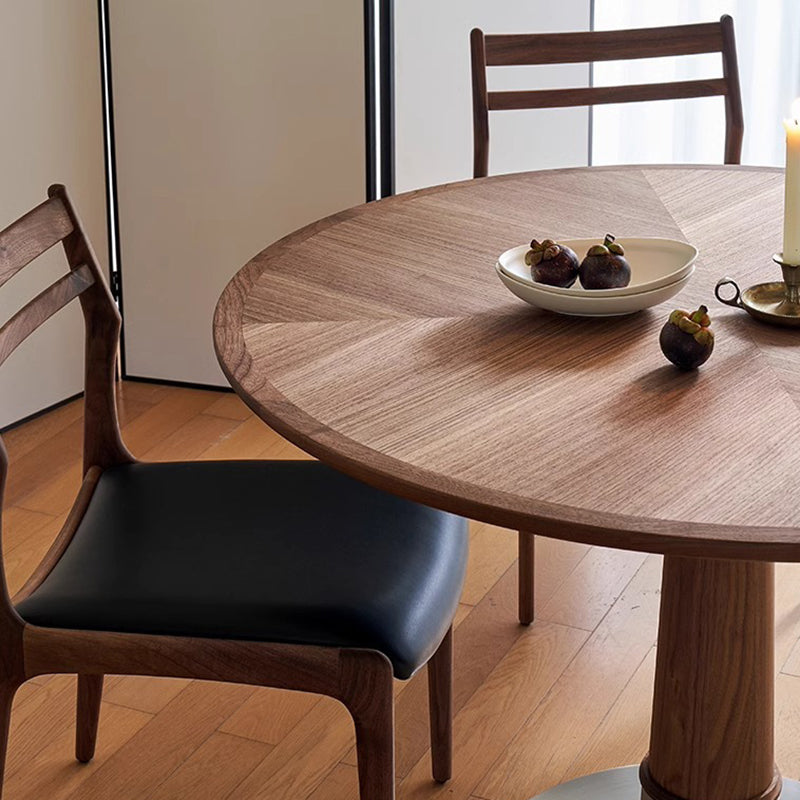 Juego de mesa y sillas de comedor contemporáneo retro redondo de nogal con cuero de silla de montar y acero inoxidable para 2/4/6/8 asientos 