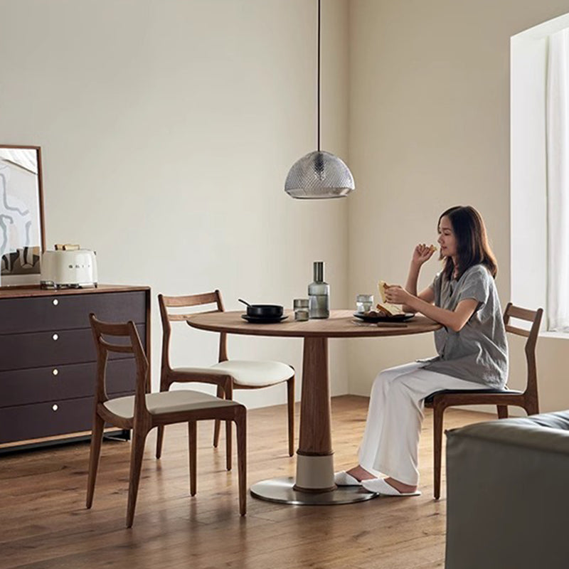 Ensemble de table à manger et chaises contemporaines rondes en noyer, cuir de selle et acier inoxydable pour 2/4/6/8 places 
