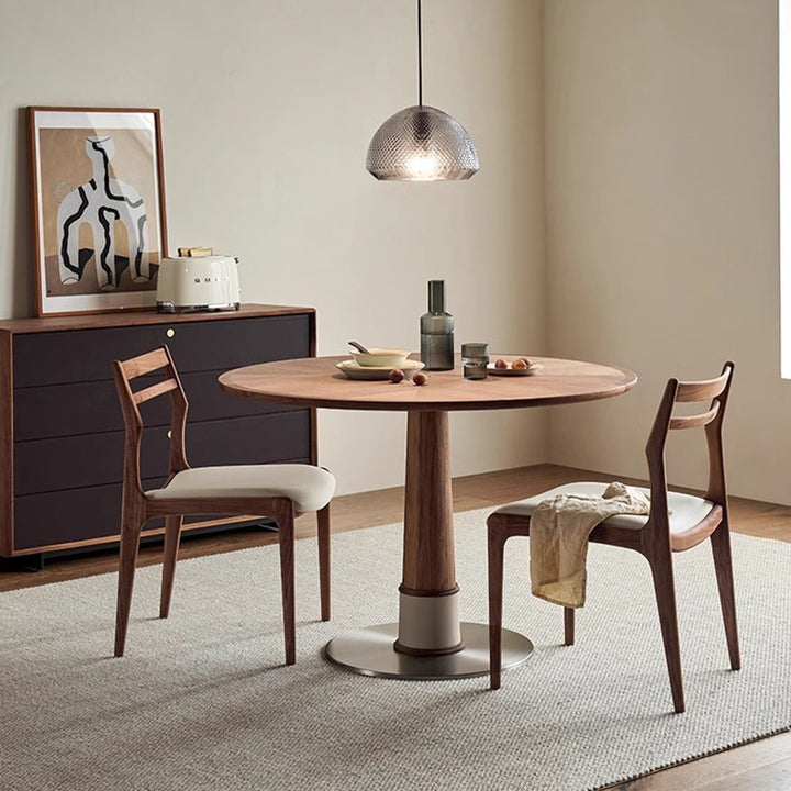 Contemporary Retro Round Walnut Saddle-Style Faux Leather Stainless Steel Dining Table & Chair Set For 2/4/6/8 Seats