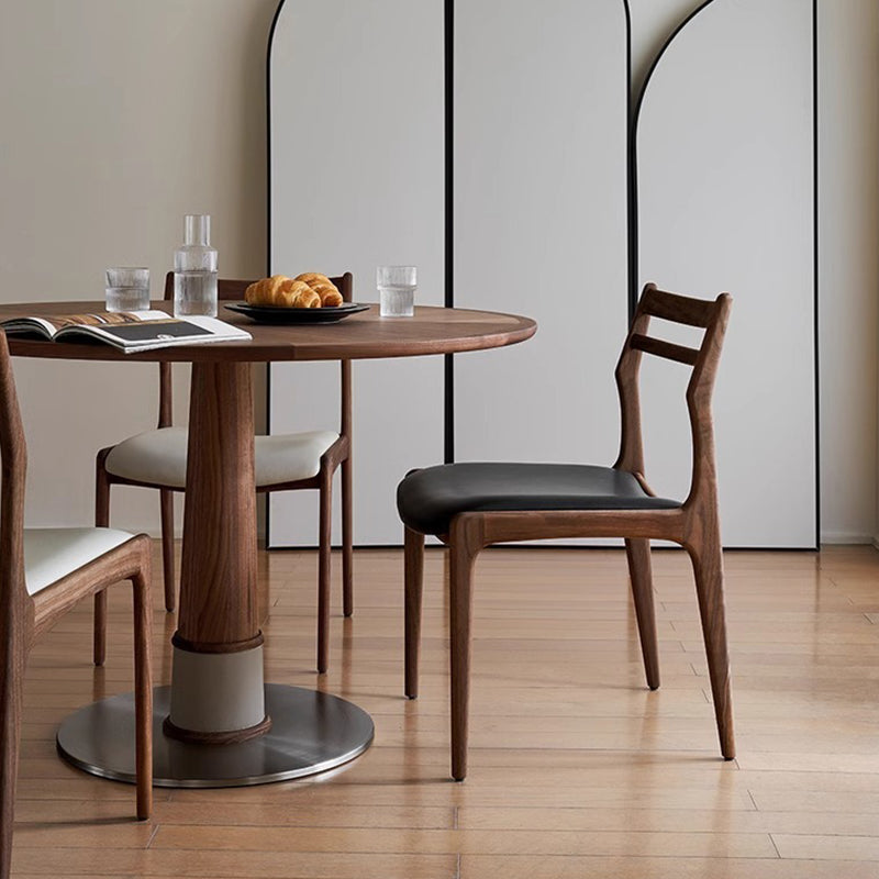 Ensemble de table à manger et chaises contemporaines rondes en noyer, cuir de selle et acier inoxydable pour 2/4/6/8 places 