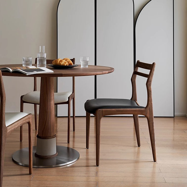 Ensemble de table à manger et chaises contemporaines rondes en noyer, cuir de selle et acier inoxydable pour 2/4/6/8 places 