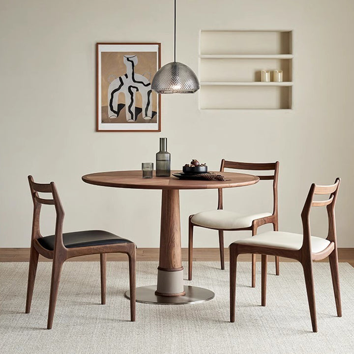 Contemporary Retro Round Walnut Saddle-Style Faux Leather Stainless Steel Dining Table & Chair Set For 2/4/6/8 Seats