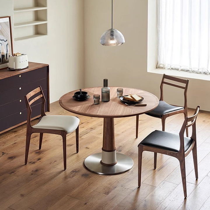 Contemporary Retro Round Walnut Saddle-Style Faux Leather Stainless Steel Dining Table & Chair Set For 2/4/6/8 Seats