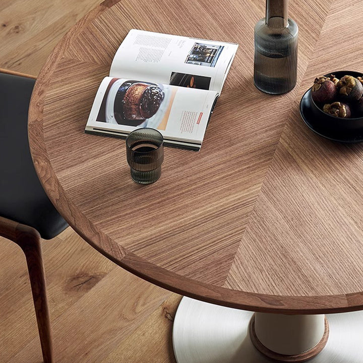 Ensemble de table à manger et chaises contemporaines rondes en noyer, cuir de selle et acier inoxydable pour 2/4/6/8 places 