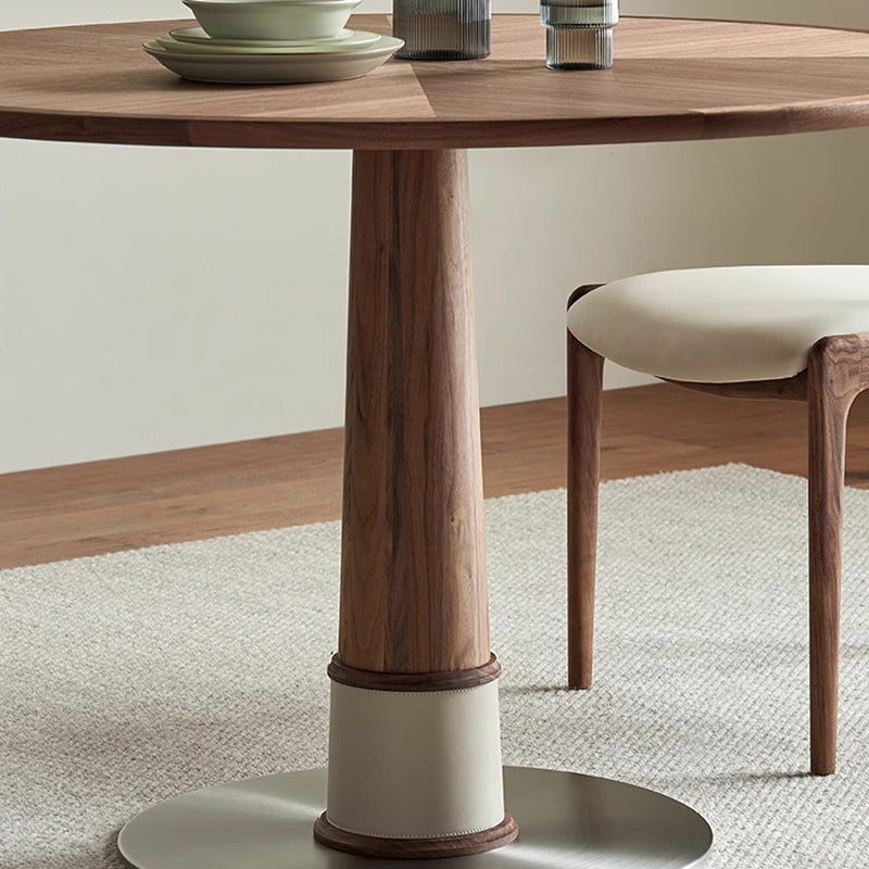 Ensemble de table à manger et chaises contemporaines rondes en noyer, cuir de selle et acier inoxydable pour 2/4/6/8 places 