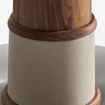 Juego de mesa y sillas de comedor contemporáneo retro redondo de nogal con cuero de silla de montar y acero inoxidable para 2/4/6/8 asientos 