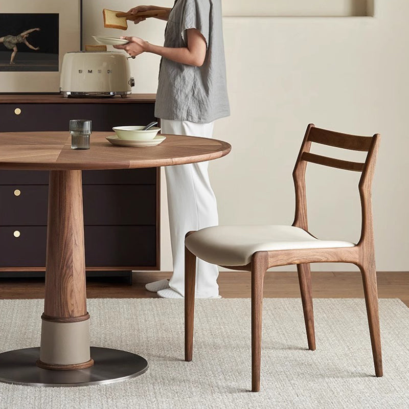Ensemble de table à manger et chaises contemporaines rondes en noyer, cuir de selle et acier inoxydable pour 2/4/6/8 places 