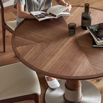 Juego de mesa y sillas de comedor contemporáneo retro redondo de nogal con cuero de silla de montar y acero inoxidable para 2/4/6/8 asientos 