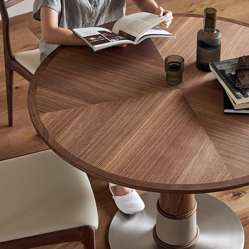 Juego de mesa y sillas de comedor contemporáneo retro redondo de nogal con cuero de silla de montar y acero inoxidable para 2/4/6/8 asientos 
