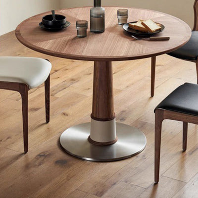 Juego de mesa y sillas de comedor contemporáneo retro redondo de nogal con cuero de silla de montar y acero inoxidable para 2/4/6/8 asientos 