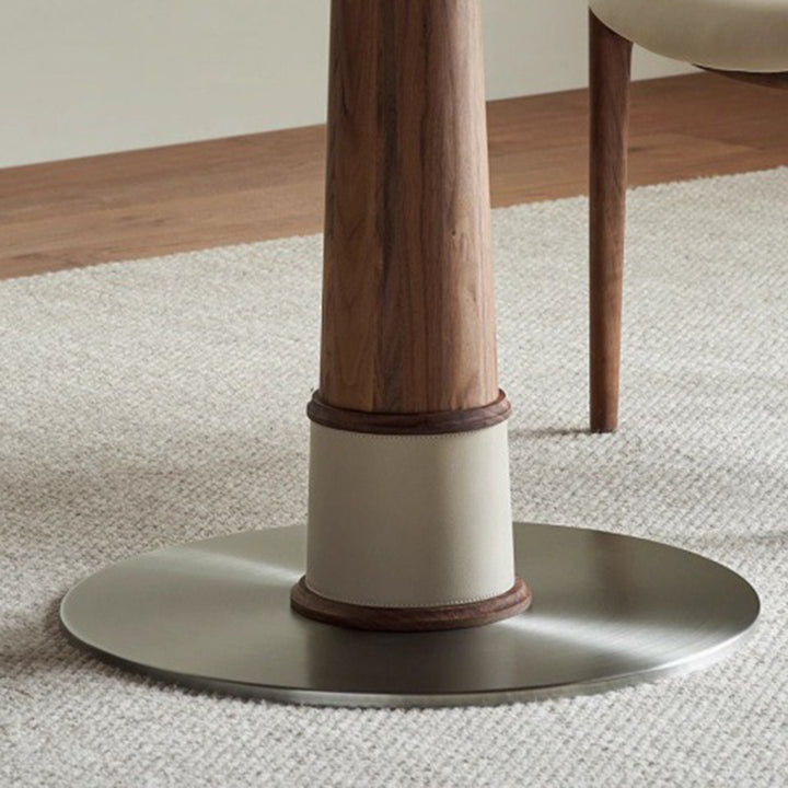 Ensemble de table à manger et chaises contemporaines rondes en noyer, cuir de selle et acier inoxydable pour 2/4/6/8 places 