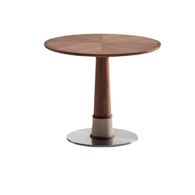 Juego de mesa y sillas de comedor contemporáneo retro redondo de nogal con cuero de silla de montar y acero inoxidable para 2/4/6/8 asientos 