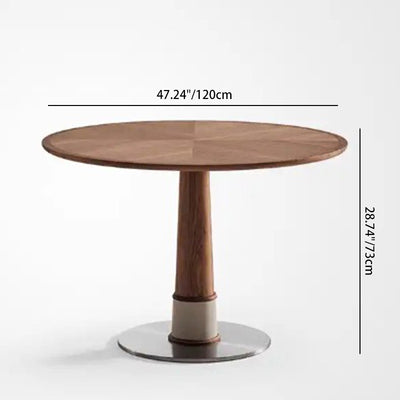 Juego de mesa y sillas de comedor contemporáneo retro redondo de nogal con cuero de silla de montar y acero inoxidable para 2/4/6/8 asientos 