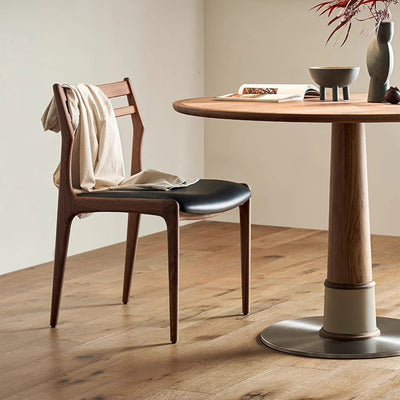 Juego de mesa y sillas de comedor contemporáneo retro redondo de nogal con cuero de silla de montar y acero inoxidable para 2/4/6/8 asientos 