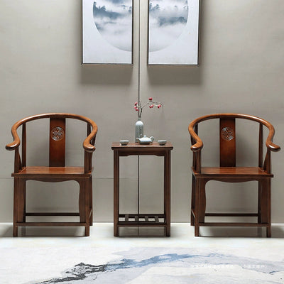 Traditional Chinese Solid Wood Square Carved Coffee Table & Chair Set For Living Room