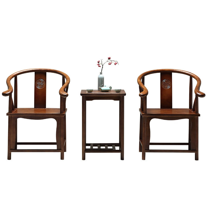 Traditional Chinese Solid Wood Square Carved Coffee Table & Chair Set For Living Room
