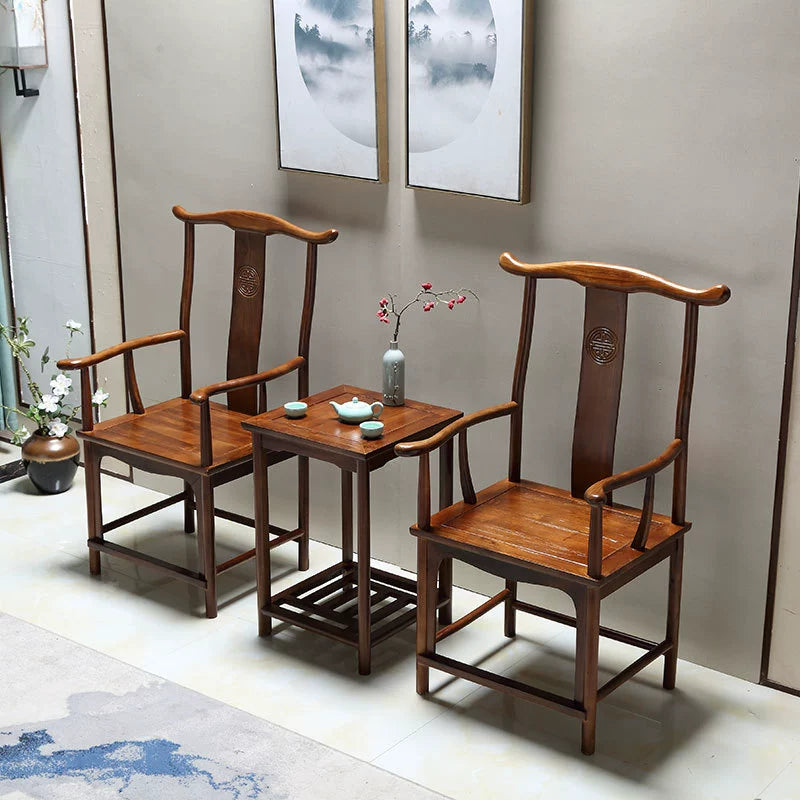Traditional Chinese Solid Wood Square Carved Coffee Table & Chair Set For Living Room
