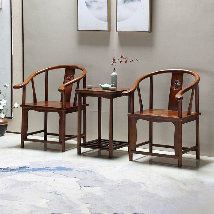 Traditional Chinese Solid Wood Square Carved Coffee Table & Chair Set For Living Room