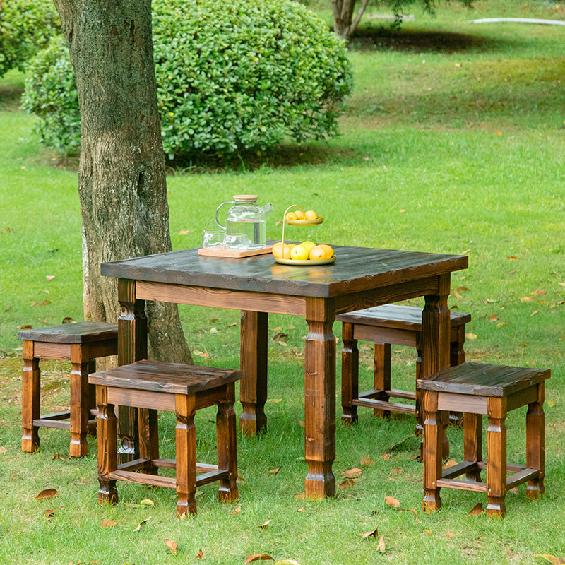 Conjunto de Mesa de Café y Taburete Cuadrado de Madera Maciza Retro Contemporánea para Patio Exterior 