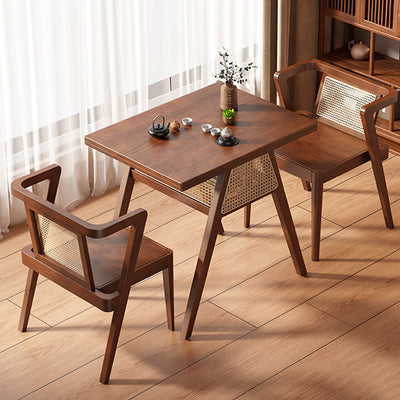 Traditional Japanese Weaving Rattan Rubber Wood Square Storage-Friendly Coffee Table & Chair Set For Living Room