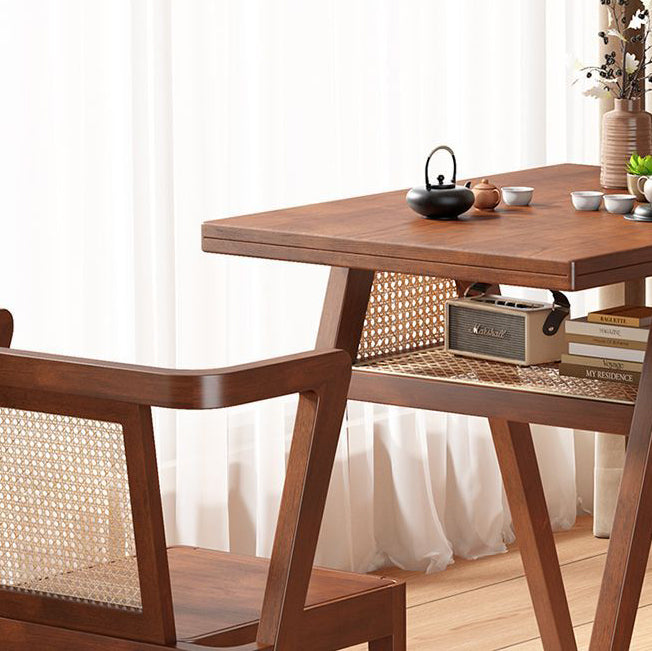 Traditional Japanese Weaving Rattan Rubber Wood Square Storage-Friendly Coffee Table &amp; Chair Set For Living Room