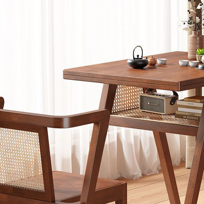 Traditional Japanese Weaving Rattan Rubber Wood Square Storage-Friendly Coffee Table & Chair Set For Living Room