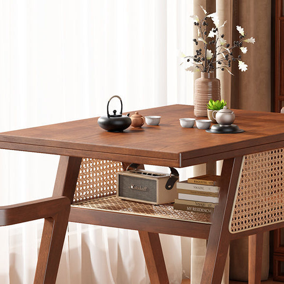 Traditional Japanese Weaving Rattan Rubber Wood Square Storage-Friendly Coffee Table &amp; Chair Set For Living Room
