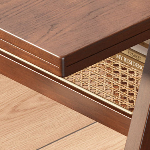 Traditional Japanese Weaving Rattan Rubber Wood Square Storage-Friendly Coffee Table &amp; Chair Set For Living Room