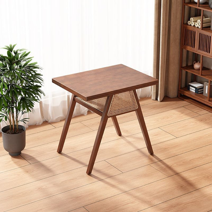 Traditional Japanese Weaving Rattan Rubber Wood Square Storage-Friendly Coffee Table &amp; Chair Set For Living Room