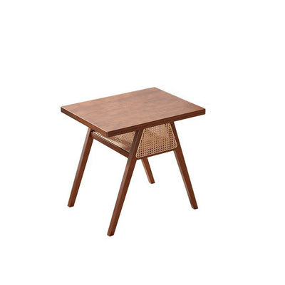 Traditional Japanese Weaving Rattan Rubber Wood Square Storage-Friendly Coffee Table & Chair Set For Living Room
