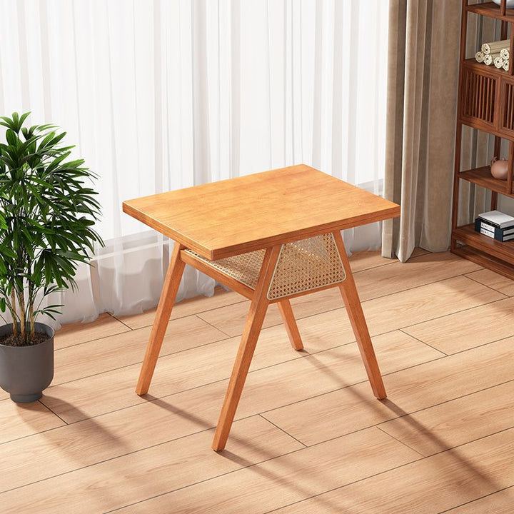 Traditional Japanese Weaving Rattan Rubber Wood Square Storage-Friendly Coffee Table &amp; Chair Set For Living Room