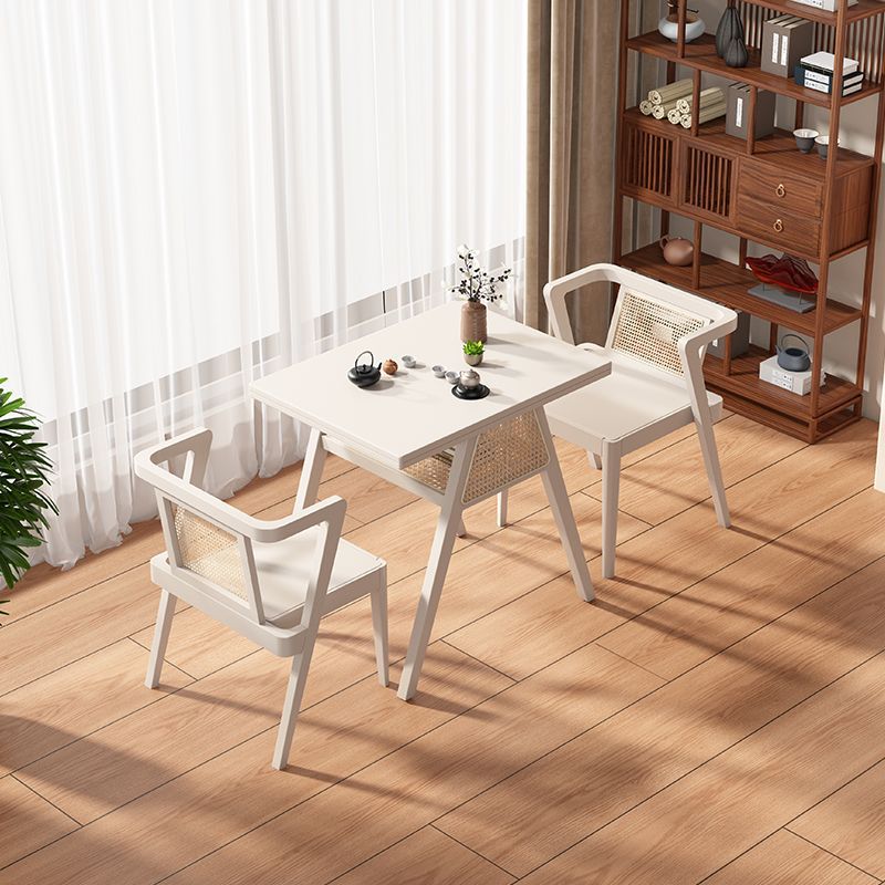Traditional Japanese Weaving Rattan Rubber Wood Square Storage-Friendly Coffee Table & Chair Set For Living Room