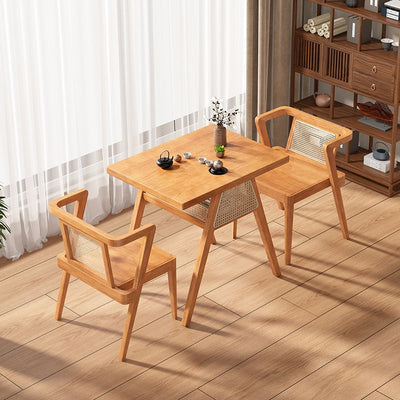 Traditional Japanese Weaving Rattan Rubber Wood Square Storage-Friendly Coffee Table & Chair Set For Living Room