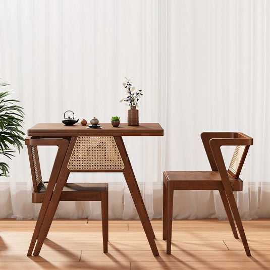 Traditional Japanese Weaving Rattan Rubber Wood Square Storage-Friendly Coffee Table &amp; Chair Set For Living Room