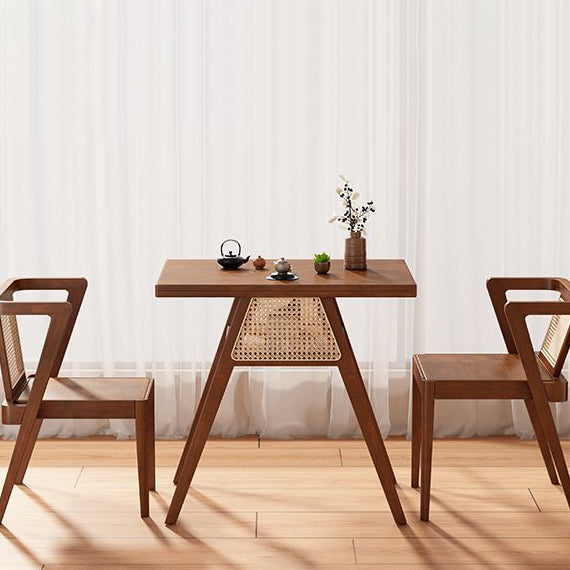 Traditional Japanese Weaving Rattan Rubber Wood Square Storage-Friendly Coffee Table & Chair Set For Living Room