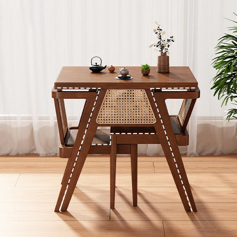 Traditional Japanese Weaving Rattan Rubber Wood Square Storage-Friendly Coffee Table &amp; Chair Set For Living Room