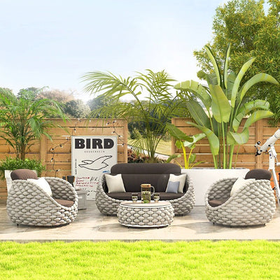 Contemporary Scandinavian Weaving Fabric Aluminum Alloy Round Arc Outdoor Coffee Table & Chair Set For Outdoor Patio