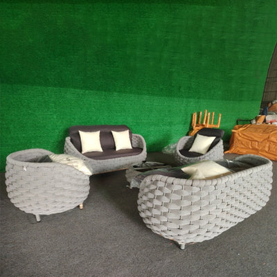 Contemporary Scandinavian Weaving Fabric Aluminum Alloy Round Arc Outdoor Coffee Table & Chair Set For Outdoor Patio