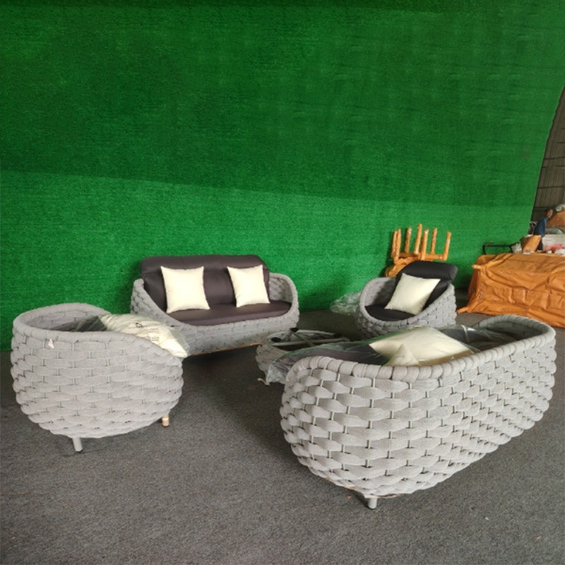 Contemporary Scandinavian Weaving Fabric Aluminum Alloy Round Arc Outdoor Coffee Table & Chair Set For Outdoor Patio