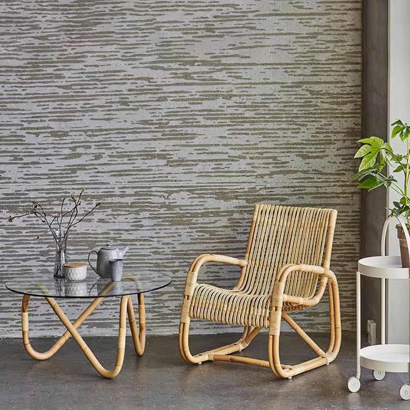 Traditional Japanese Weaving Imitation Rattan Glass Round Coffee Table & Chair Set For Living Room