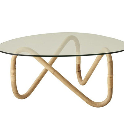 Traditional Japanese Weaving Imitation Rattan Glass Round Coffee Table & Chair Set For Living Room