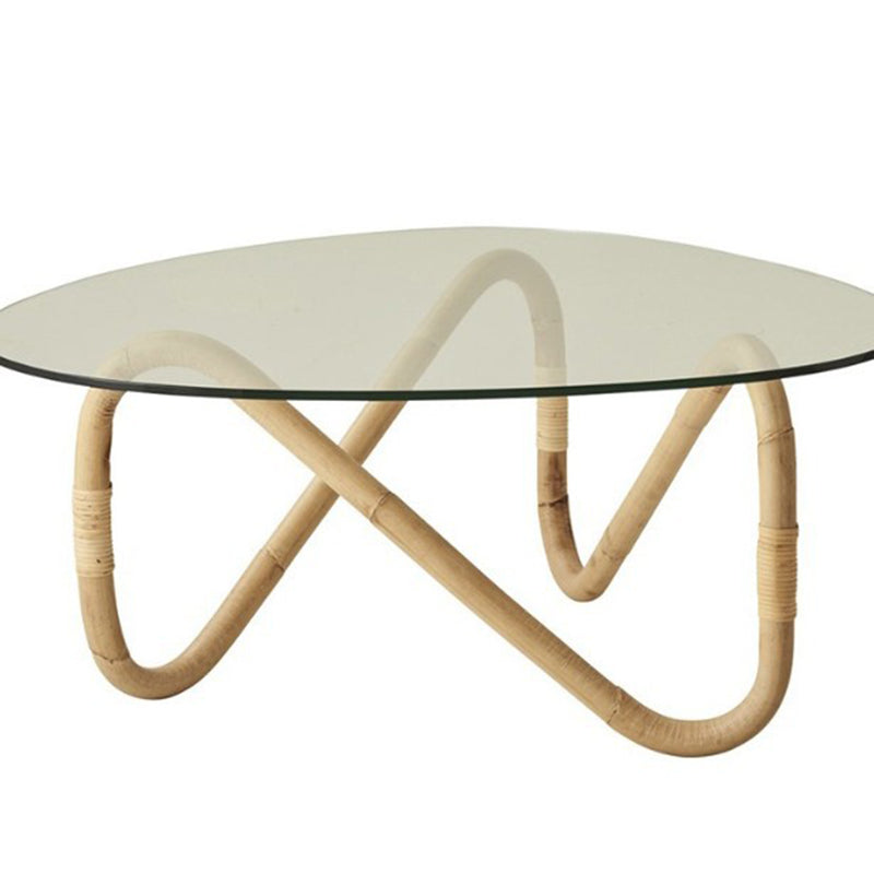 Traditional Japanese Weaving Imitation Rattan Glass Round Coffee Table & Chair Set For Living Room
