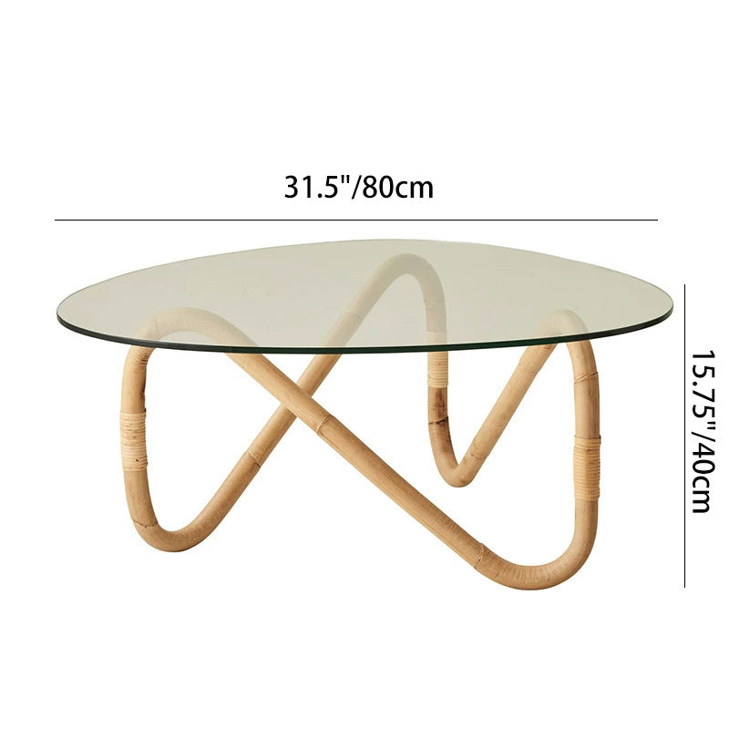 Traditional Japanese Weaving Imitation Rattan Glass Round Coffee Table & Chair Set For Living Room
